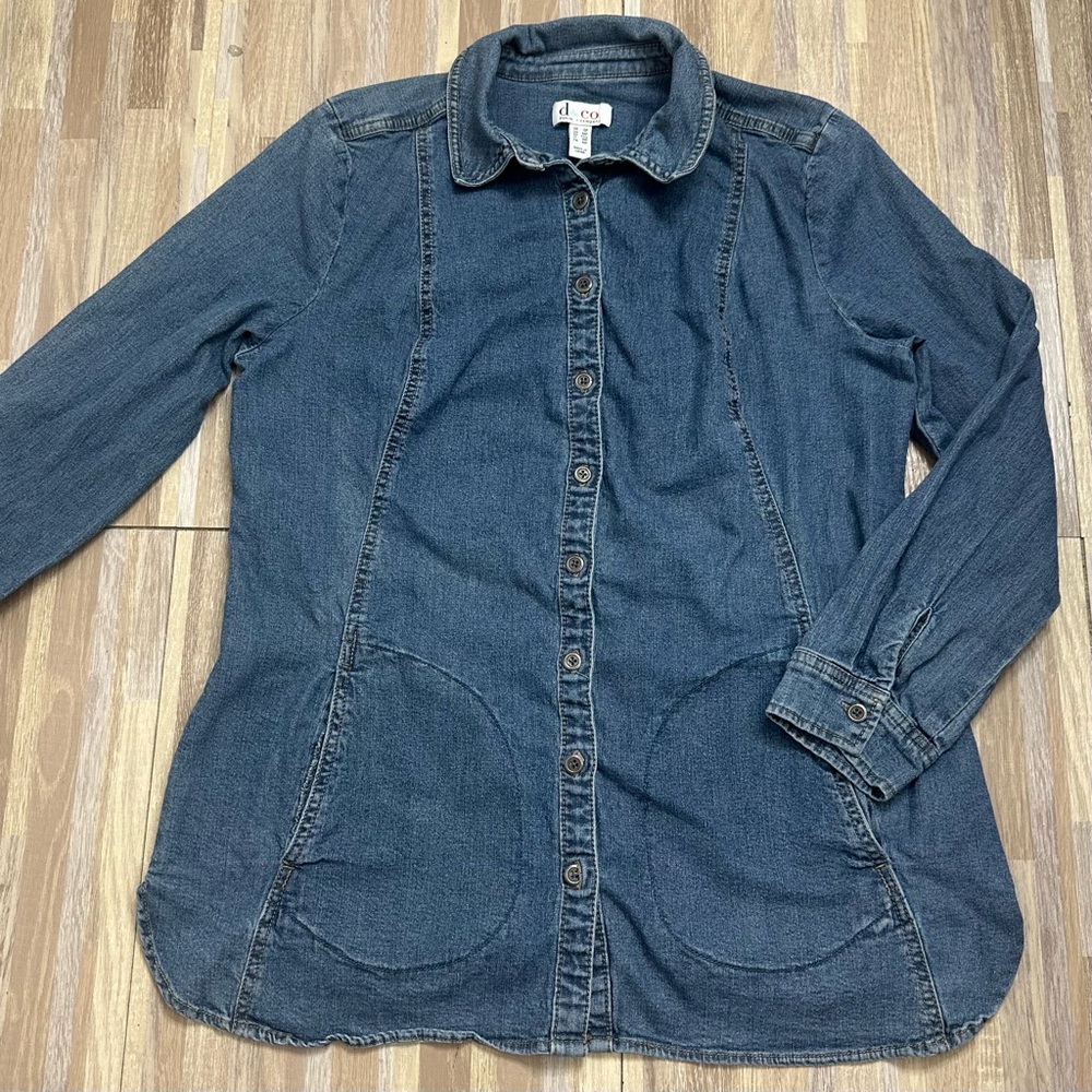 Denim Button-Up Tunic Shirt with Front Pockets by D&Co, Size Small Petite